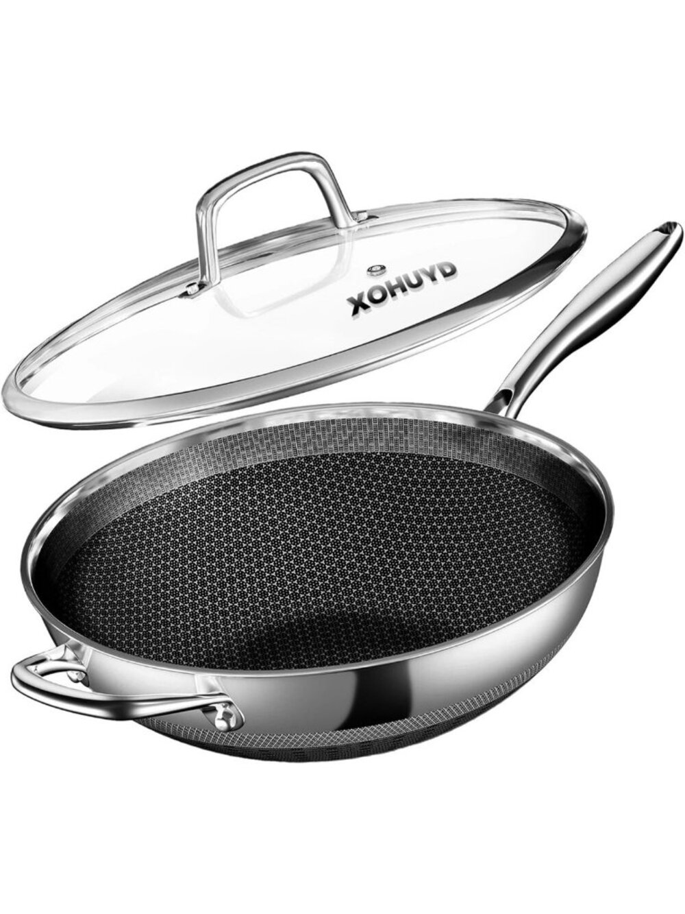 13-Inch Stainless Steel Wok Pan - Nonstick Stir-Fry Pan with Lid, Kitchen